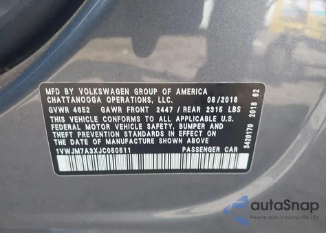 2018 Volkswagen Passat 3.6L V6 Gt z USA, uszkodzony, nr VIN 1VWJM7A3XJC050511